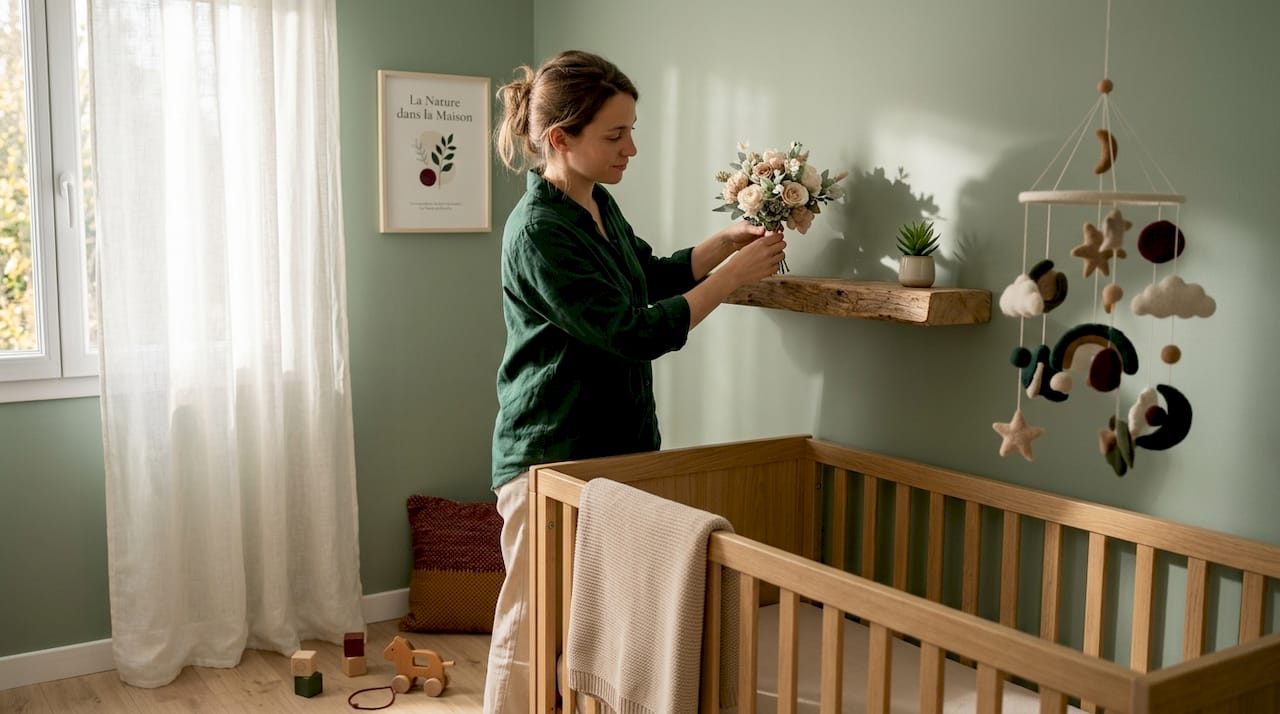 Une maman décore la chambre de son bébé en disposant des fleurs artificielles avec soin.