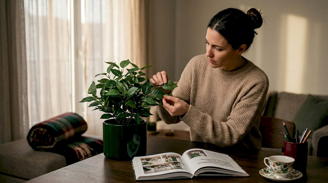 Dans un salon baigné de lumière, une femme examine de près une plante artificielle.