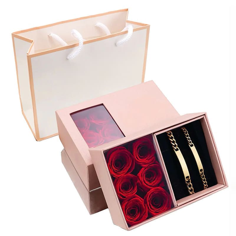 Bracelets Personnalisés pour Couple en Coffret, Rose Éternelle