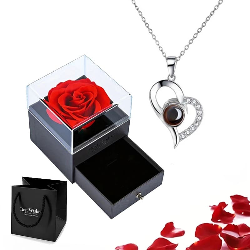 Collier "Je T'aime" 100 Langues Rose Éternelle