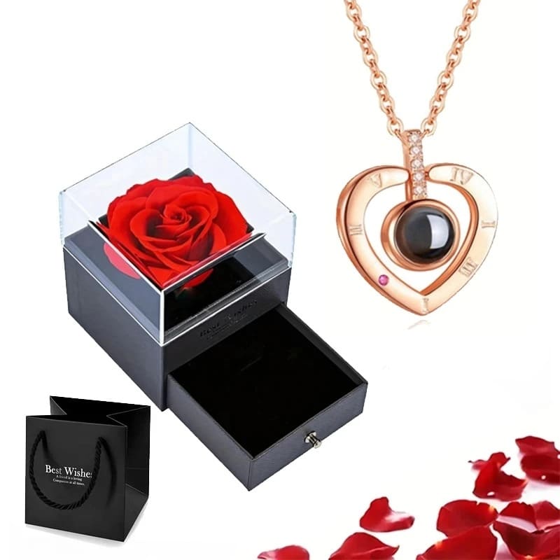 Collier "Je T'aime" 100 Langues Rose Éternelle