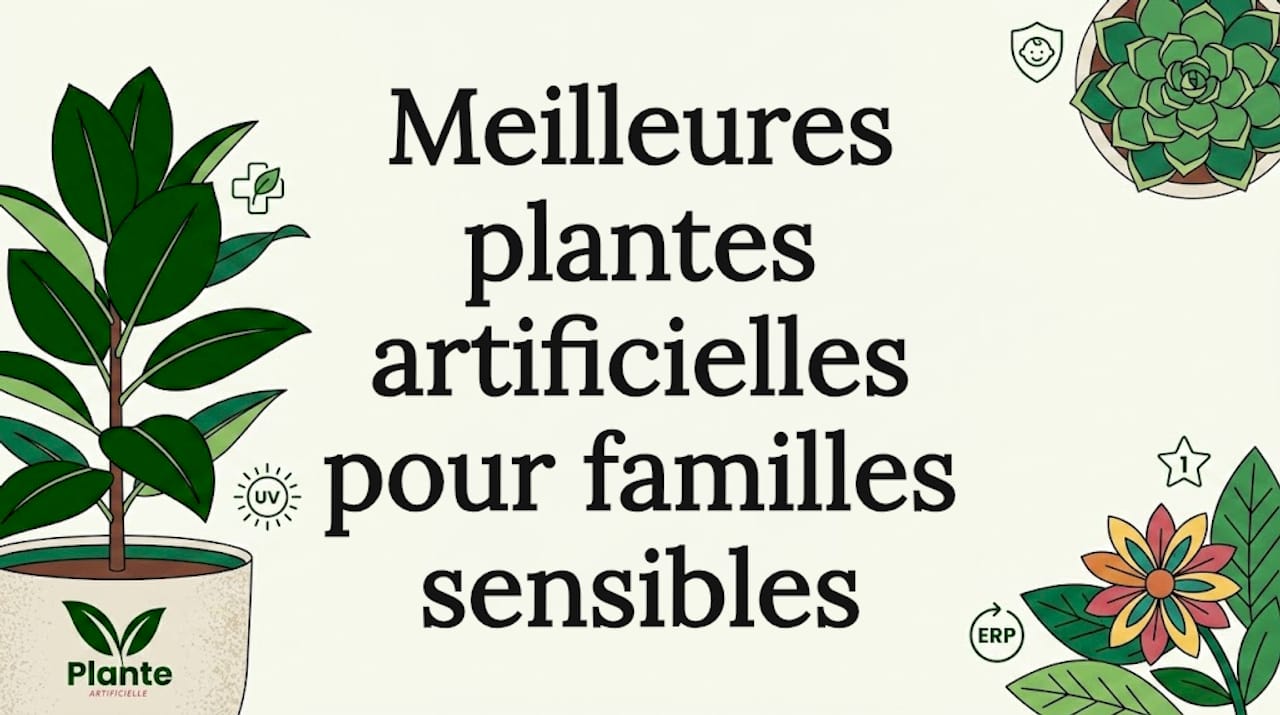 Carte de présentation illustrée, mettant en avant des plantes décoratives et des pictogrammes de sécurité