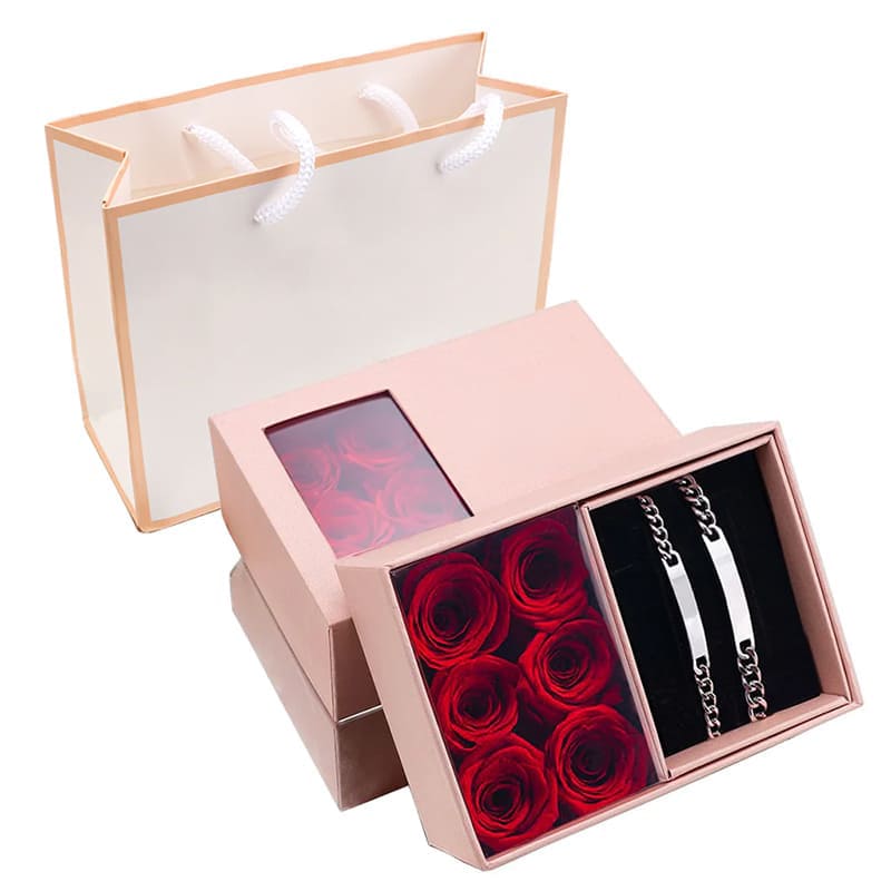 Bracelets Personnalisés pour Couple en Coffret, Rose Éternelle