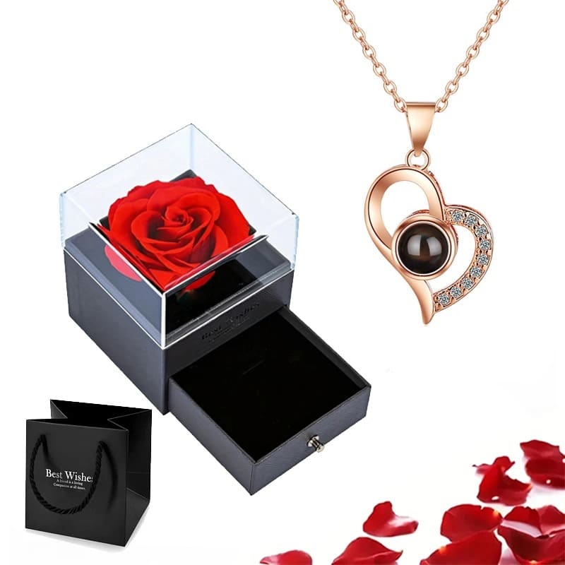 Collier "Je T'aime" 100 Langues Rose Éternelle